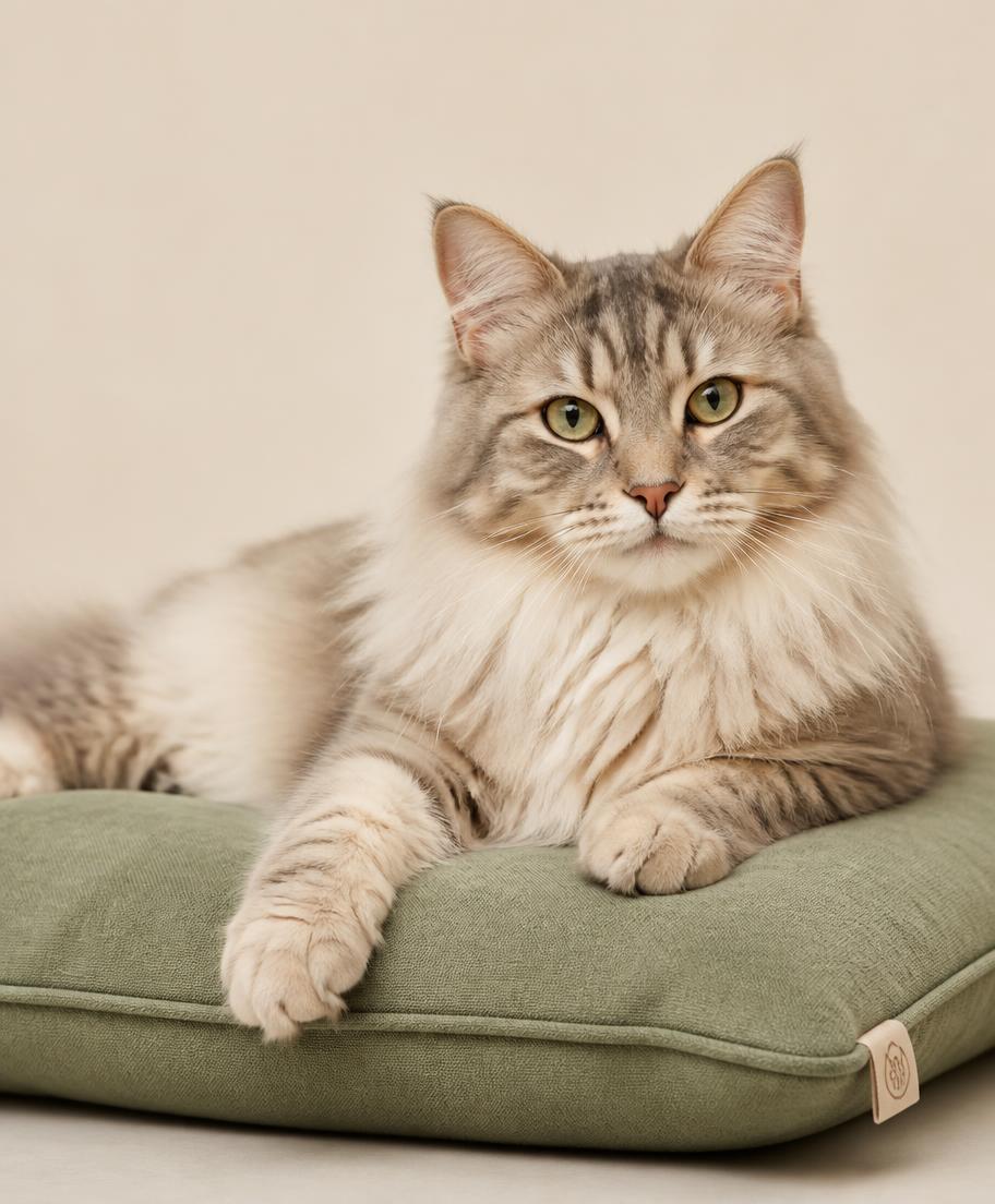 Fluffy cat resting on a soft cushion