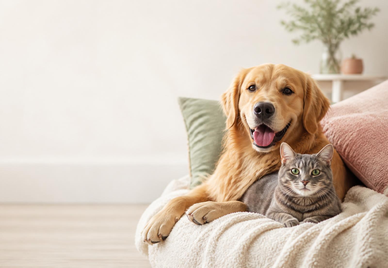 A golden retriever and a grey tabby cat resting together on a soft blanket